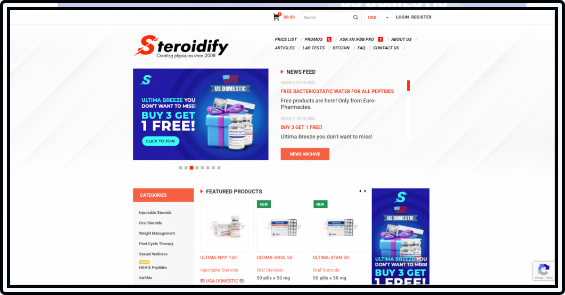 Steroidify homepage screenshot displaying reviews and products