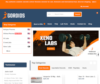Screenshot of goroids.cc website featuring a range of steroid products and customer reviews section.
